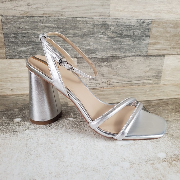 Sam Edelman Shoes - Sam Edelman Kia Womens Sandal Sz 8.5 W Silver Leather Ankle Strap Block Heel